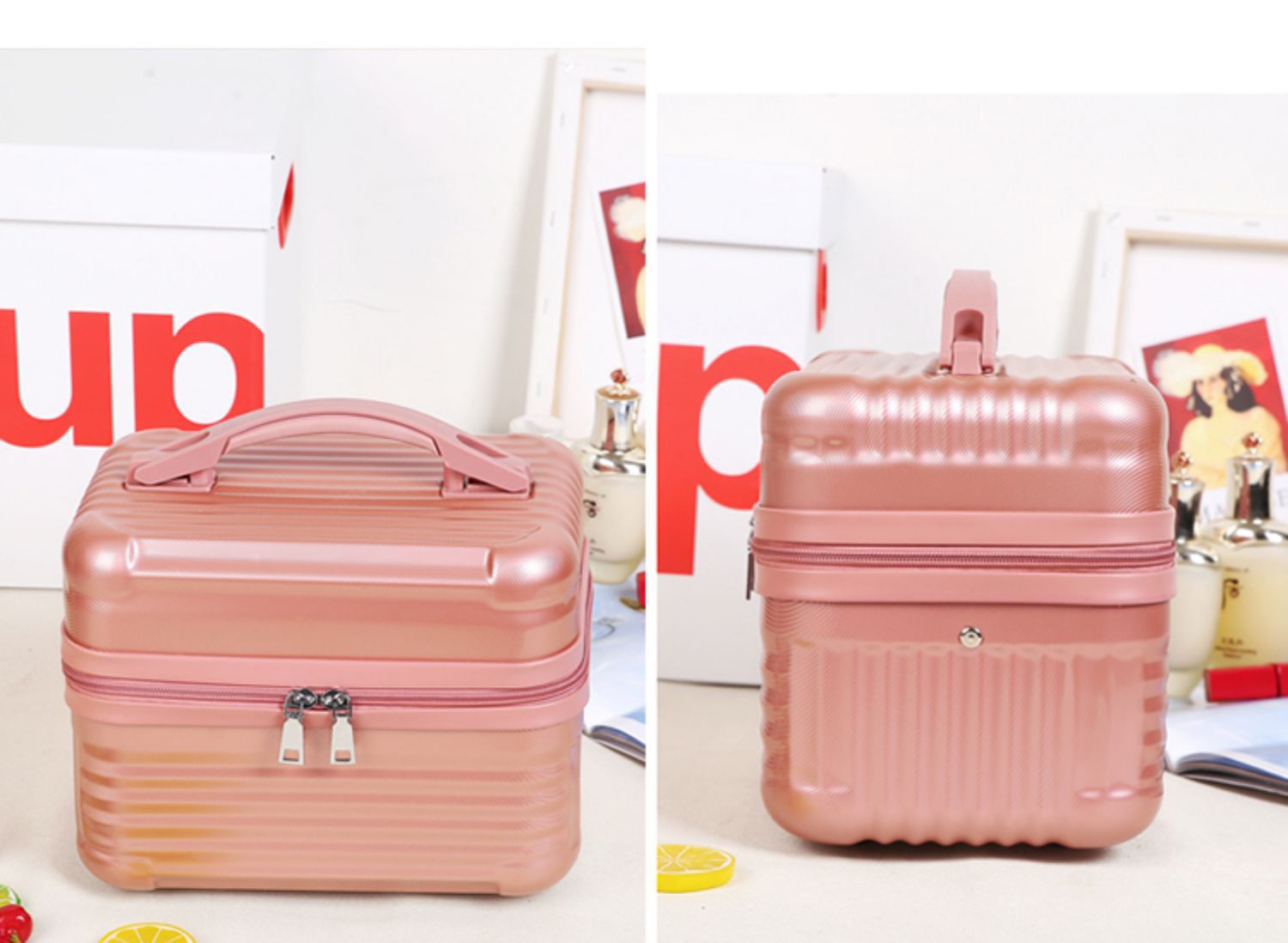 Red Durable Hard Shell Makeup Travel Case - Large Capacity Portable Cosmetic Organizer Box with Handle