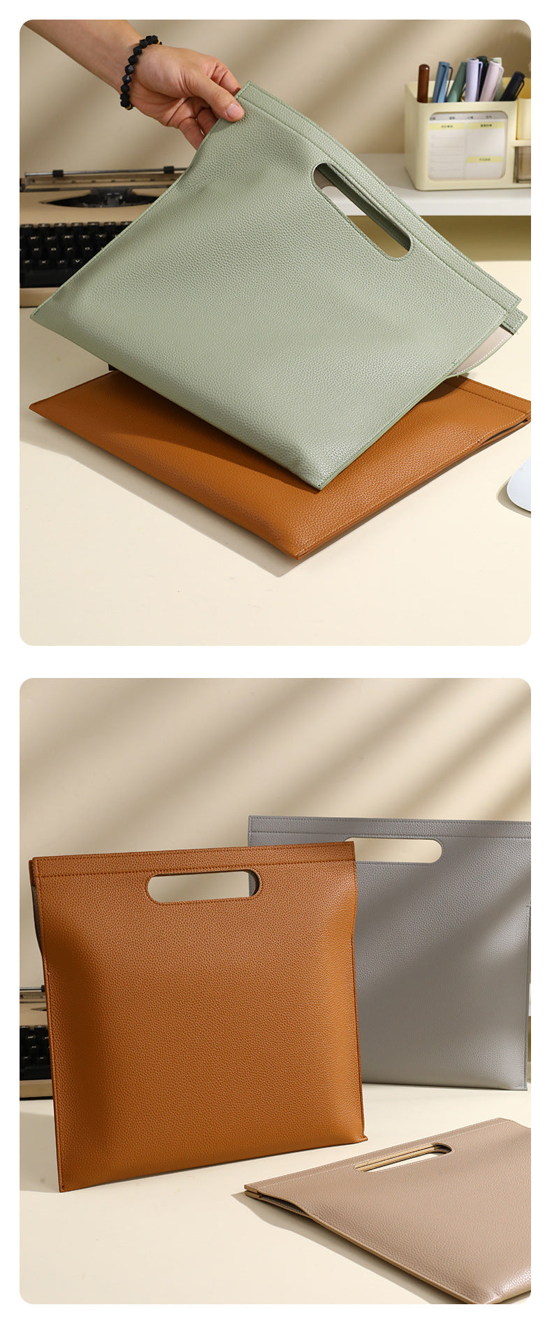 Light Pink Professional A4 PU Leather Document Bag - Waterproof Handheld File Folder Portfolio for Business & Conference