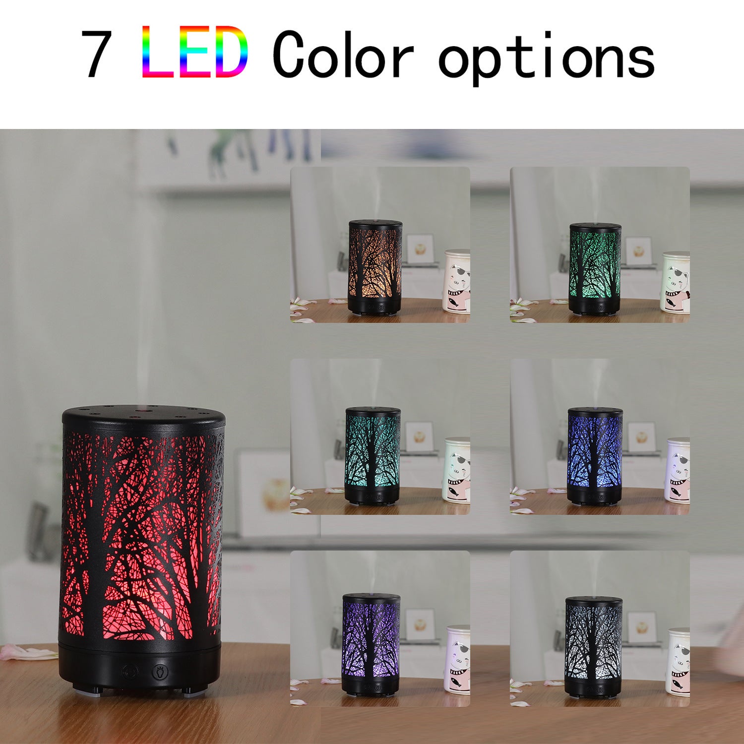 Coffee and Black Forest Design Iron Essential Oil Diffuser - 7 Color LED Ultrasonic Cool Mist Humidifier 100ml