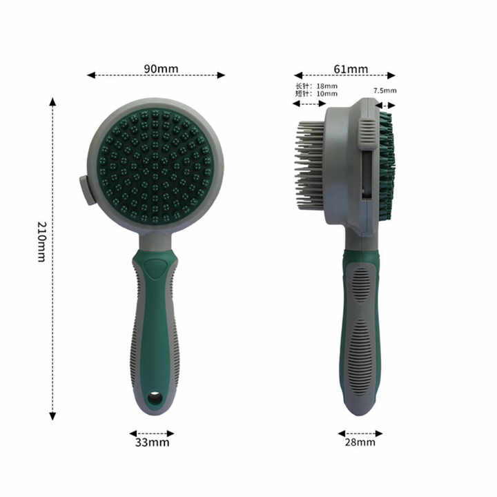 Green And Grey Dual-Sided Pet Grooming Brush - Self-Cleaning Slicker & Gentle Massage Bath Comb for Dogs & Cats
