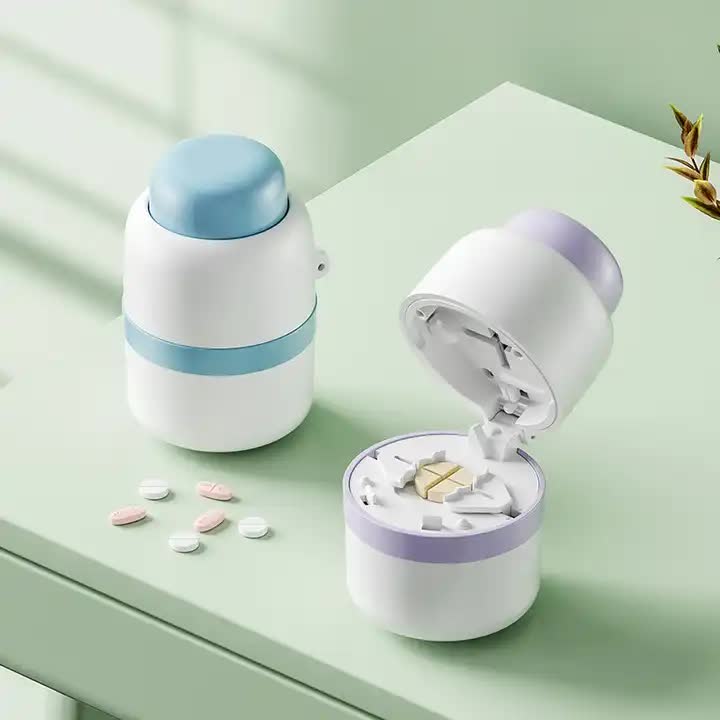 White And Purple 3-in-1 Pill Cutter Crusher & Storage Box - Portable Tablet Splitter Grinder for Precise Dosing