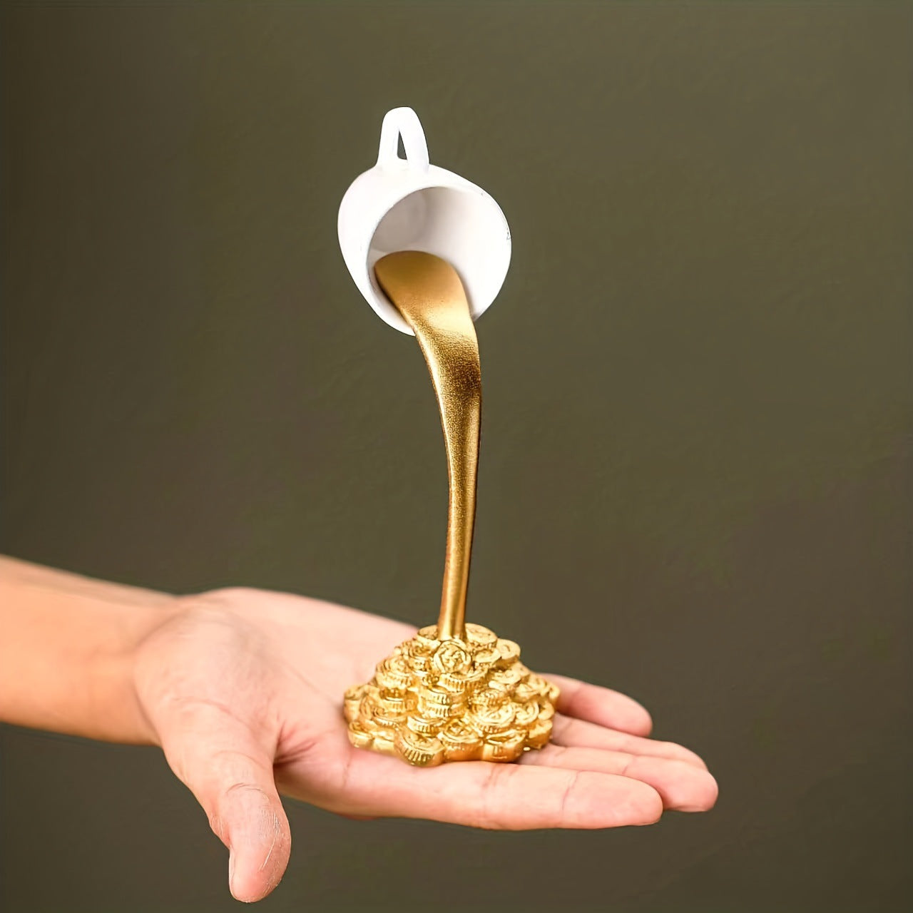 2 Pcs White Cup With Golden "Spill" And Base Magic Pouring Coffee Cup Sculpture - Unique Resin Tabletop Art Accent