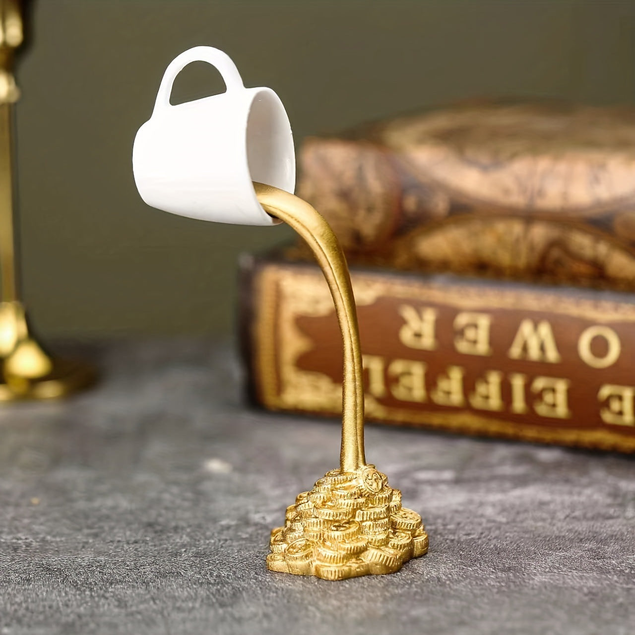 2 Pcs Glod Cup With Golden Spill" And Base Magic Pouring Coffee Cup Sculpture - Unique Resin Tabletop Art Accent"