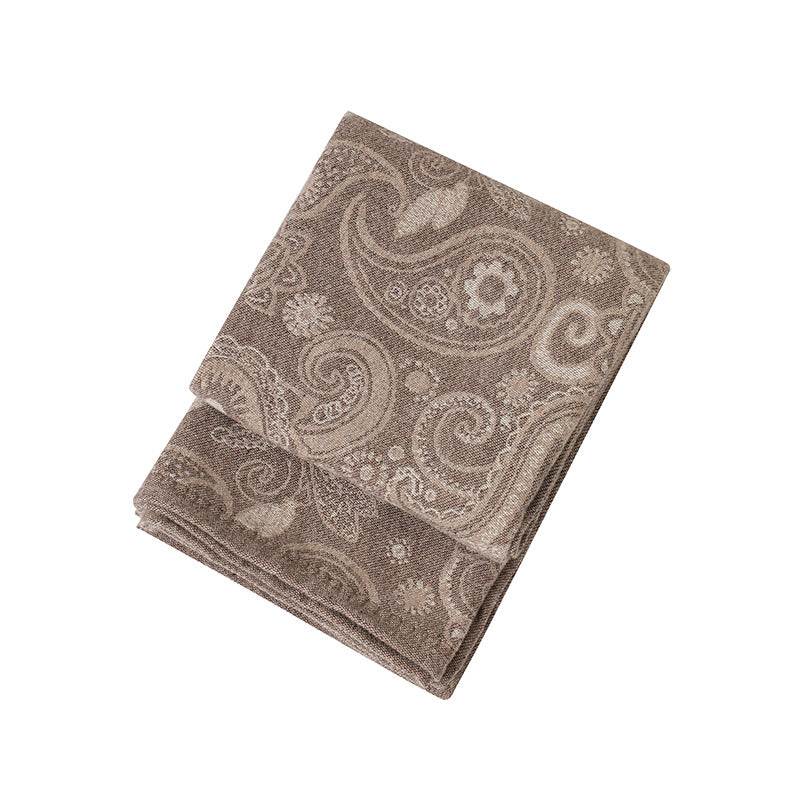 Brown Luxurious Paisley Jacquard Throw Blanket - Soft Wool Blend with Tassels, 120x150cm, Lightweight Sofa & Nap Blanket