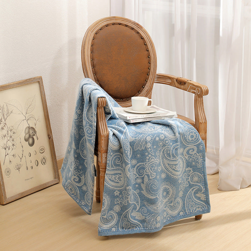 Blue Luxurious Paisley Jacquard Throw Blanket - Soft Wool Blend with Tassels, 120x150cm, Lightweight Sofa & Nap Blanket