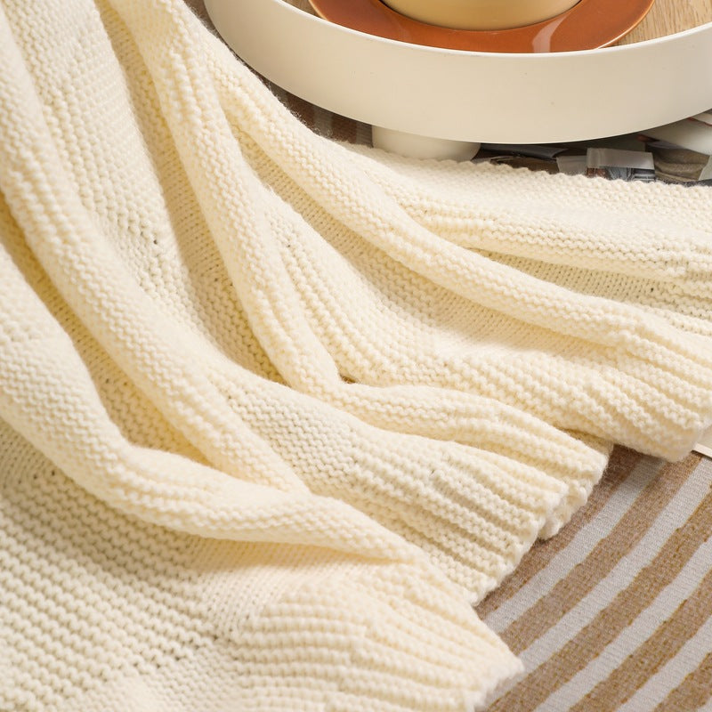 Beige Cozy Lightweight Acrylic Knit Throw Blanket - Diamond Waffle Texture for Sofa, Bed & Travel