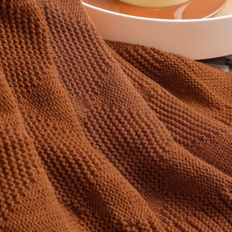Caramel Cozy Lightweight Acrylic Knit Throw Blanket - Diamond Waffle Texture for Sofa, Bed & Travel