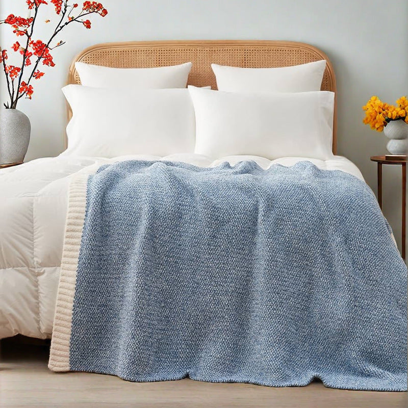 Beige and White Plush Chenille-Knit Throw Blanket - Soft Cozy Polyester for Bed & Sofa | Textured Two-Tone Design (127x153cm)