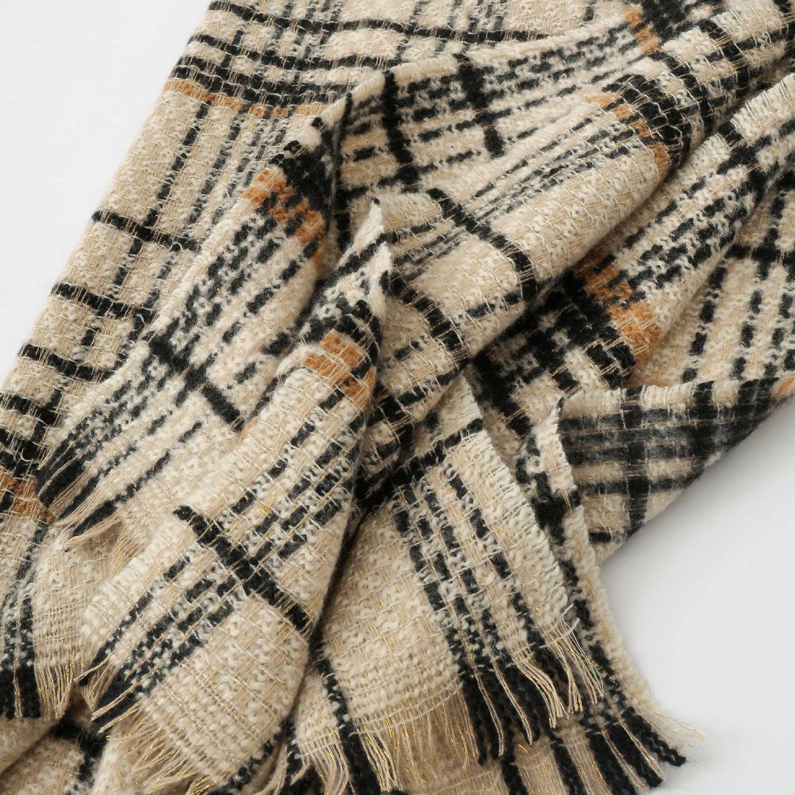 Beige Chic Plaid Winter Scarf - Large Soft Polyester Shawl Wrap with Tassels, Korean Inspired Fashion