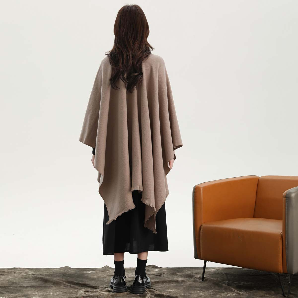 Khaki Elegant Soft Knit Poncho Cape - Warm Autumn Winter Shawl Wrap with Side Tie, Thick & Luxurious Feel
