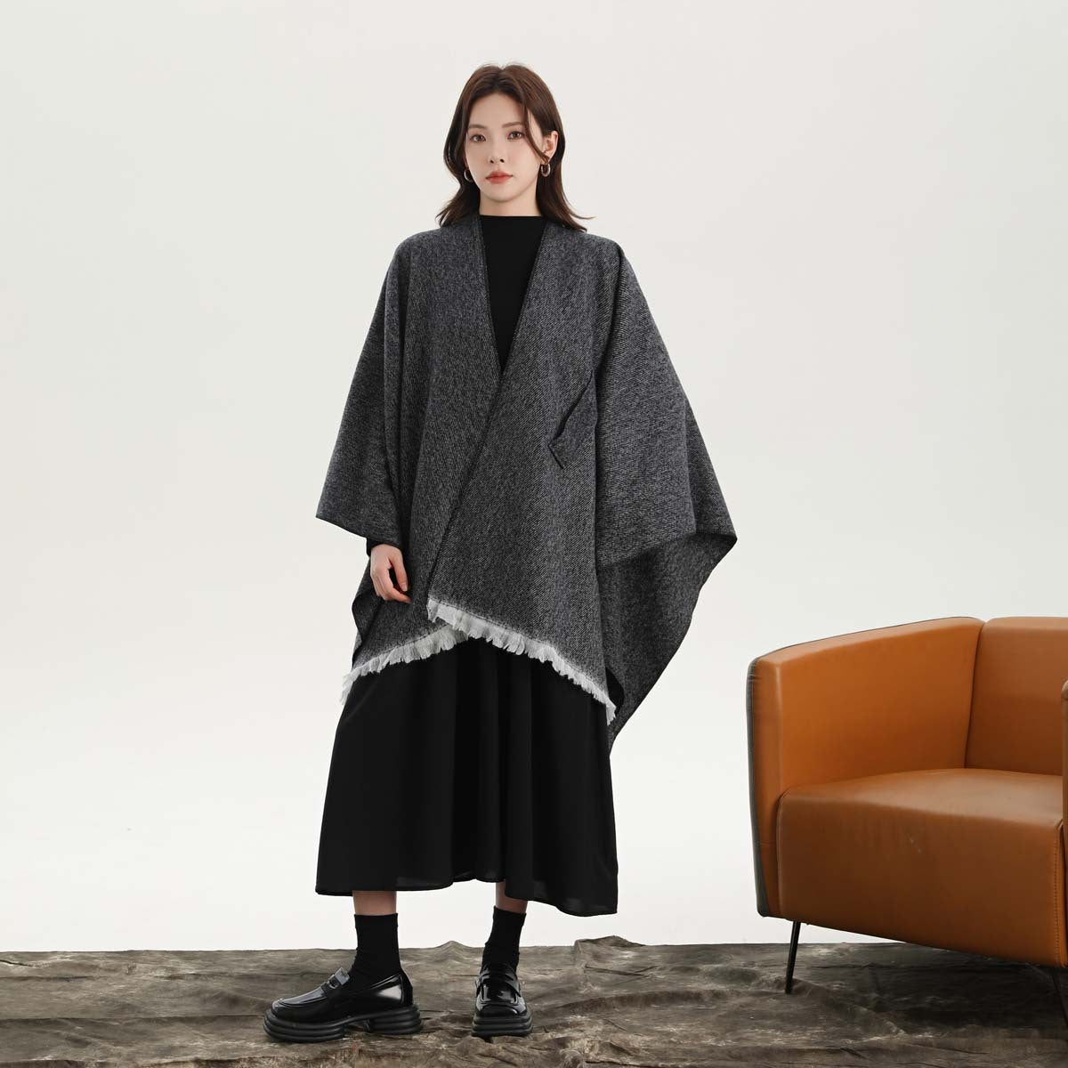 Black and White Elegant Soft Knit Poncho Cape - Warm Autumn Winter Shawl Wrap with Side Tie, Thick & Luxurious Feel