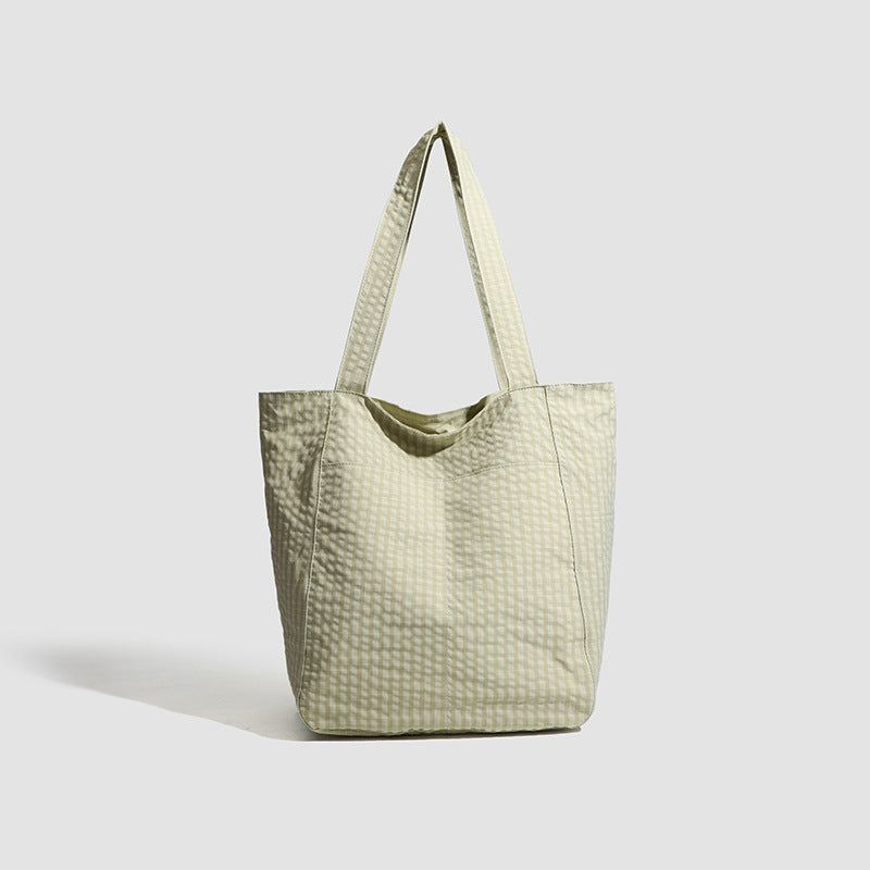 Light Green Stylish Lightweight Seersucker Gingham Tote Bag - Spacious Multi-Pocket Shoulder Bag with Zipper