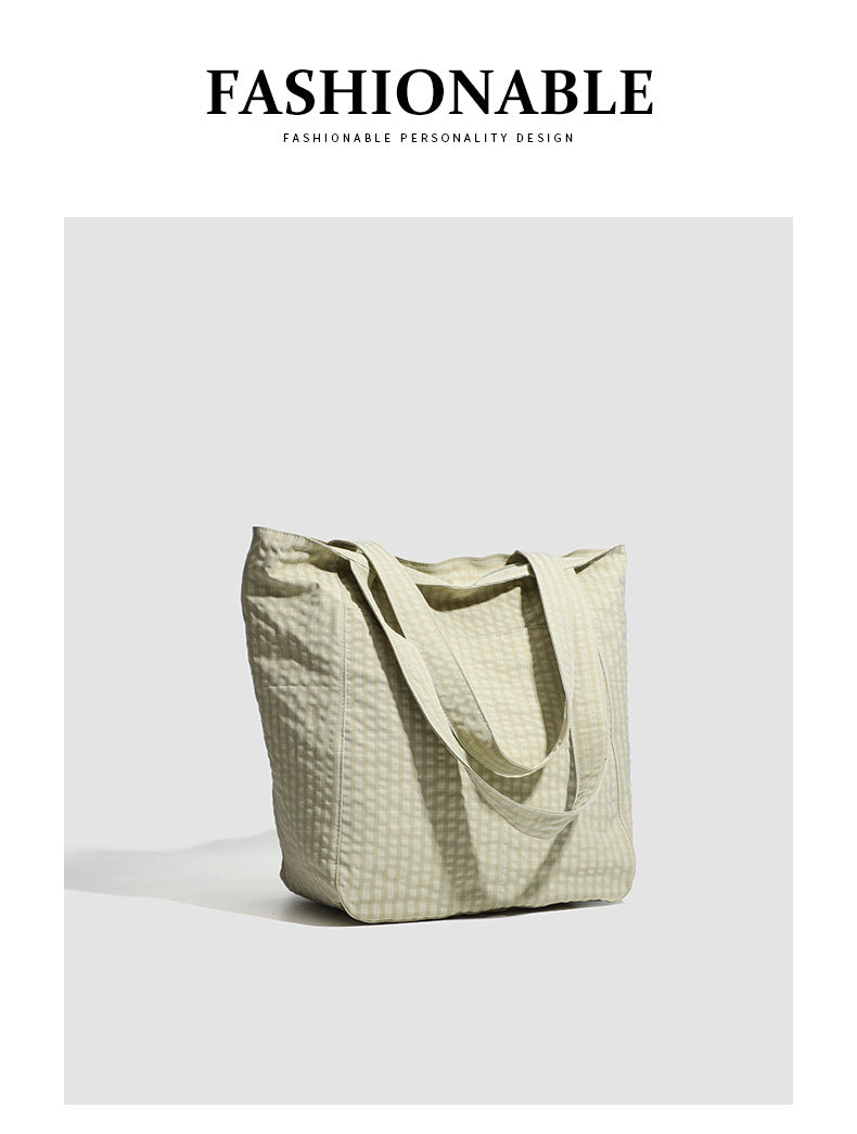 Light Green Stylish Lightweight Seersucker Gingham Tote Bag - Spacious Multi-Pocket Shoulder Bag with Zipper