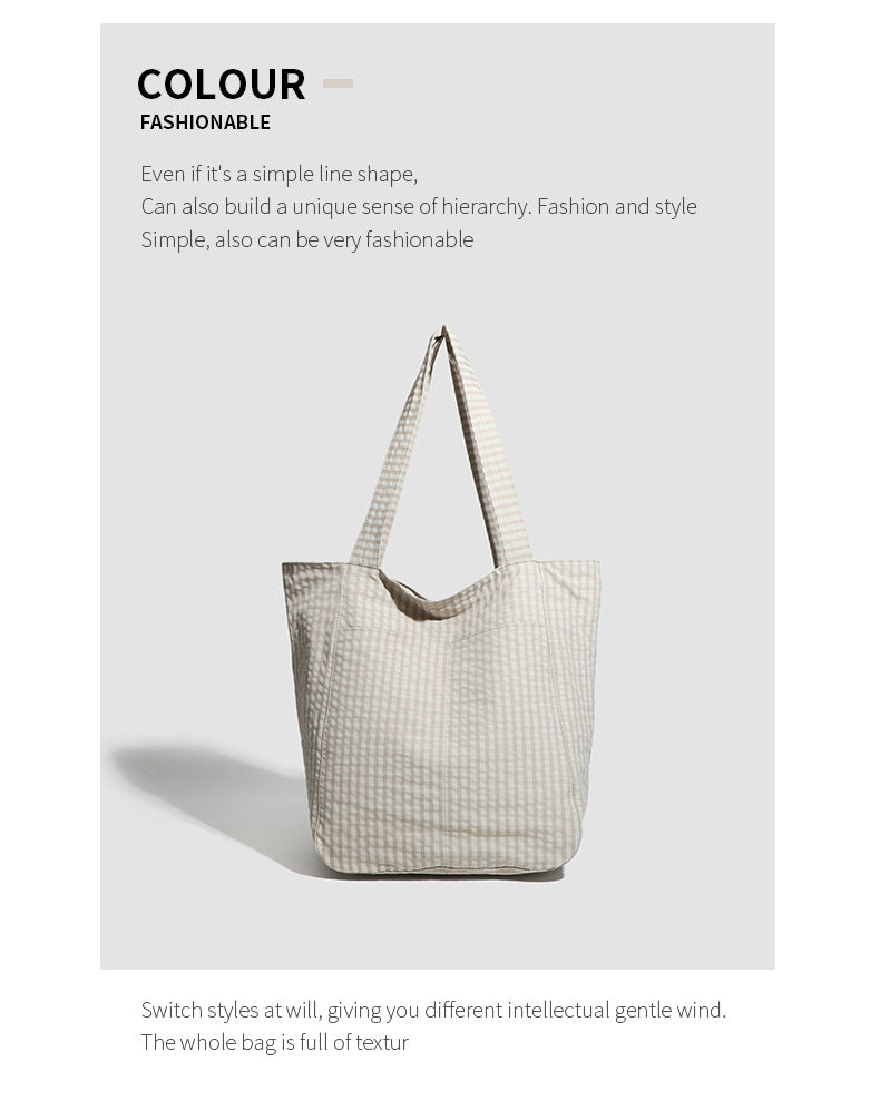 Beige Stylish Lightweight Seersucker Gingham Tote Bag - Spacious Multi-Pocket Shoulder Bag with Zipper