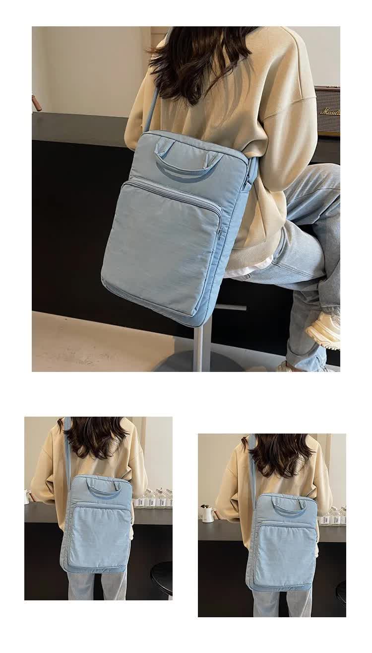 Beige Lightweight Nylon Vertical Crossbody Tote Bag - Casual Shoulder Bag with Adjustable Strap & Pockets