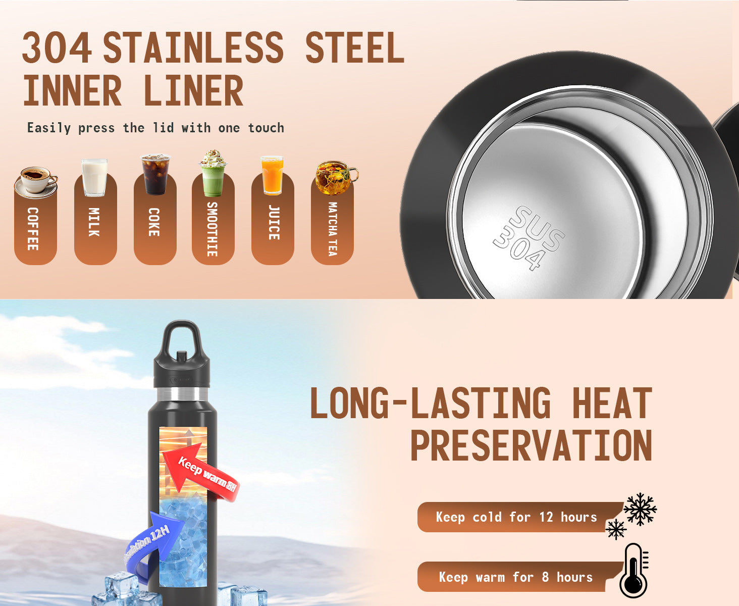 Black 680ml Insulated Stainless Steel Water Bottle - Leakproof One-Click Lid Thermal Flask for Hot & Cold Drinks