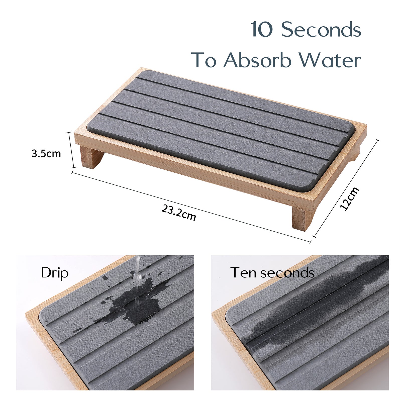 Light Grey Natural Diatomaceous Earth Absorbent Drying Tray with Bamboo Base - Quick-Dry Stone Mat for Kitchen & Bathroom Sink