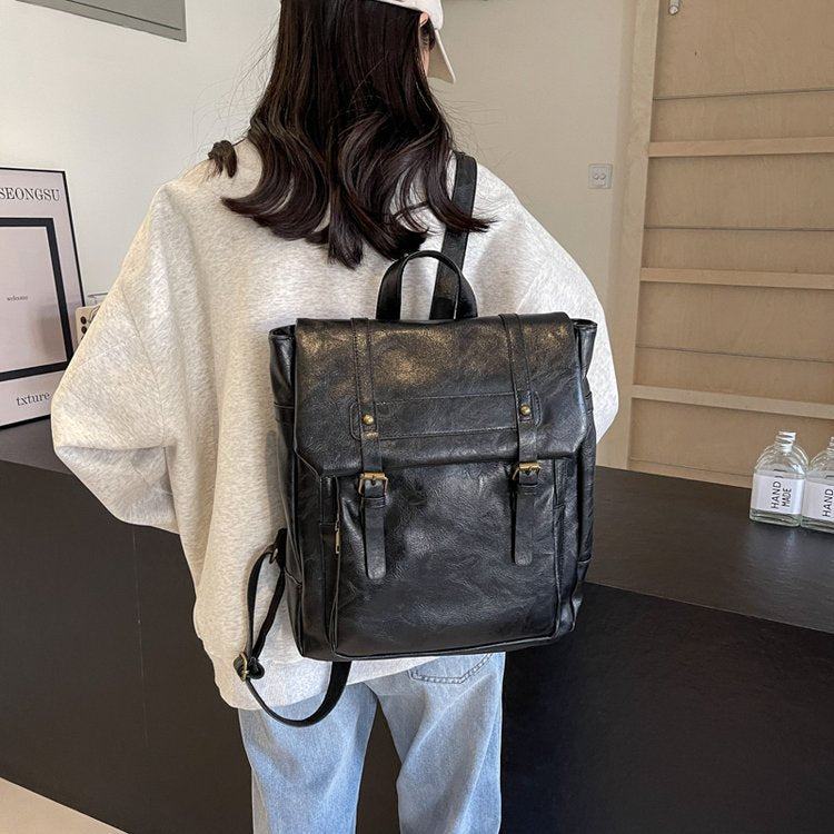 Black Vintage Style PU Leather Backpack - Large Capacity Women's Rucksack for University, Commute & Travel