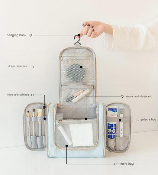 Light Blue Large Capacity Hanging Travel Toiletry Bag - Portable Waterproof Organizer for Cosmetics, Makeup & Toiletries with Multiple Compartments