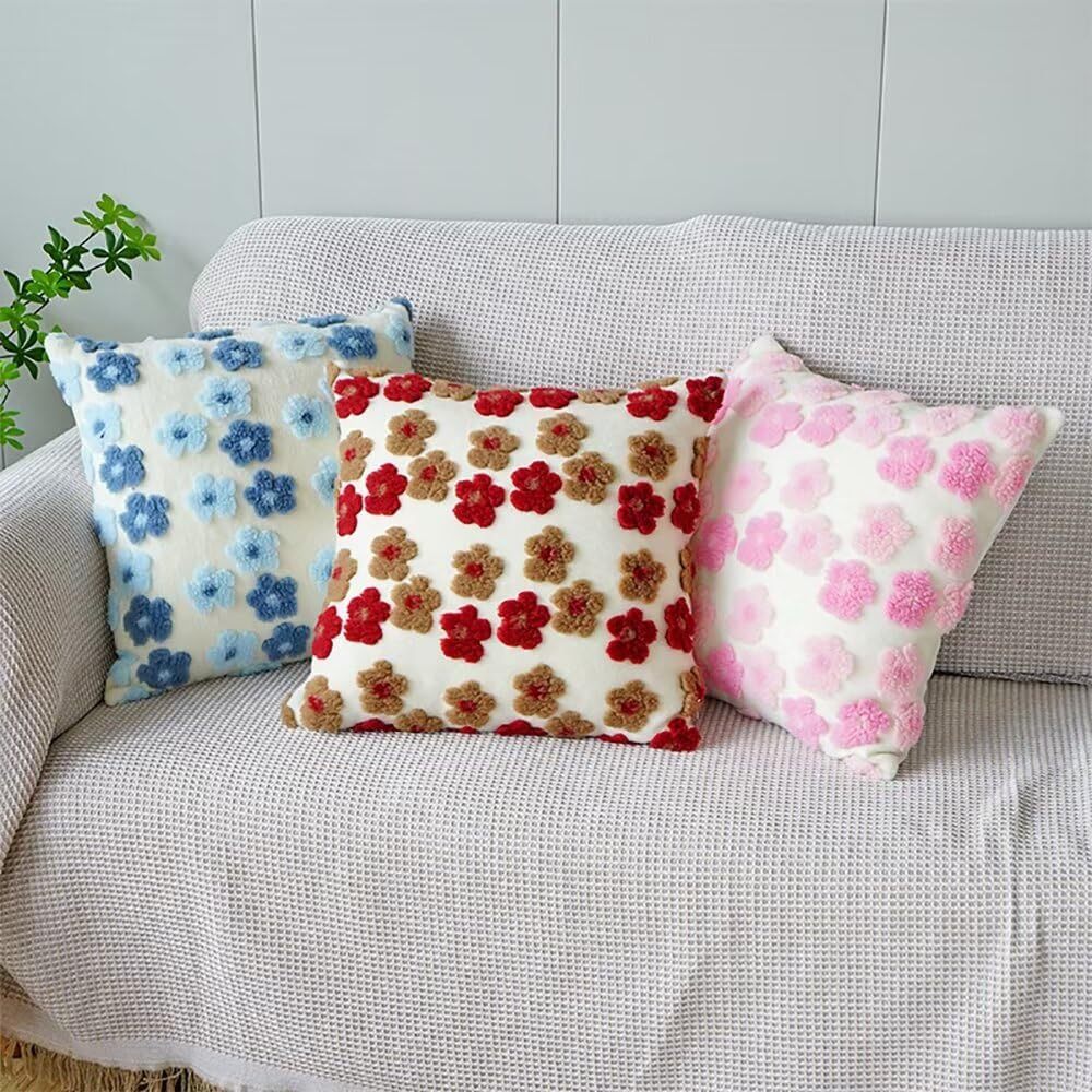 Green and Yellow Charming 3D Floral Plush Cushion Covers - Set of 4, 45x45cm Soft Faux Lambswool Pillowcases for Sofa & Bed Decor