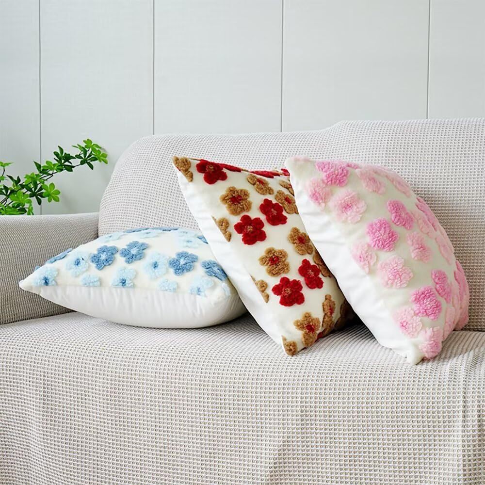 Blue Charming 3D Floral Plush Cushion Covers - Set of 4, 45x45cm Soft Faux Lambswool Pillowcases for Sofa & Bed Decor