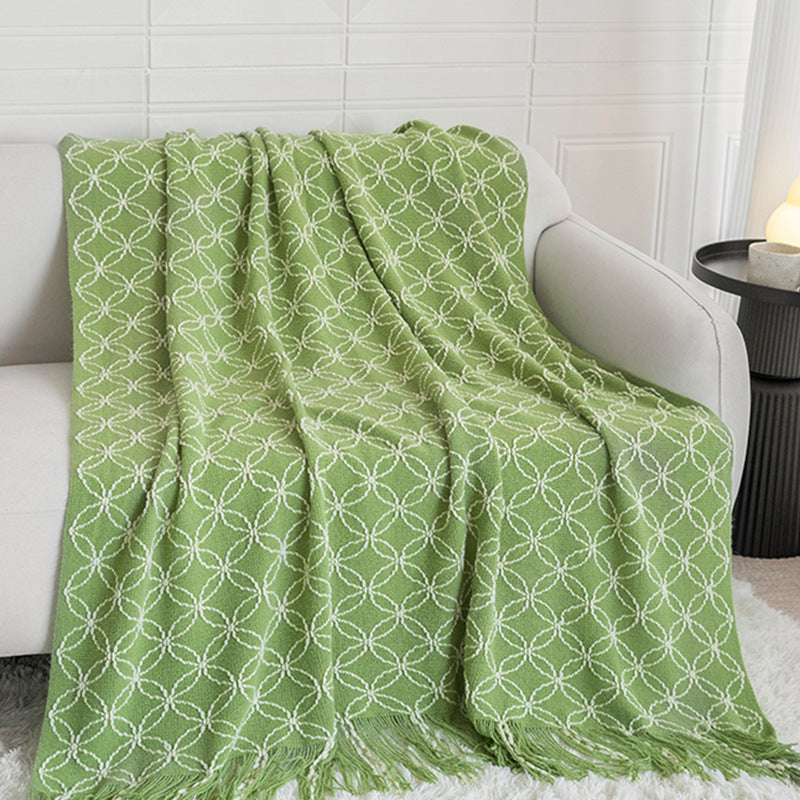 Light Green Cozy Geometric Knitted Throw Blanket with Tassels - Soft Acrylic Decorative Sofa & Bed Cover, 130x180cm