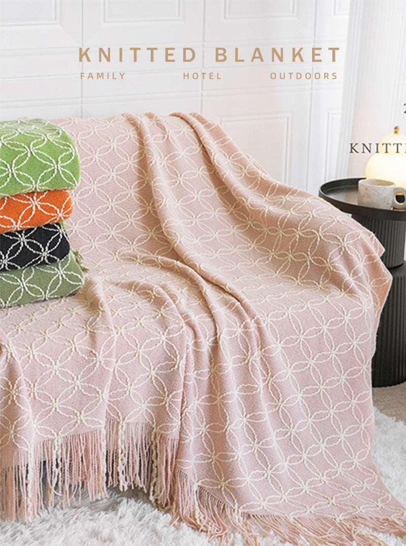 Dark Green Cozy Geometric Knitted Throw Blanket with Tassels - Soft Acrylic Decorative Sofa & Bed Cover, 130x180cm