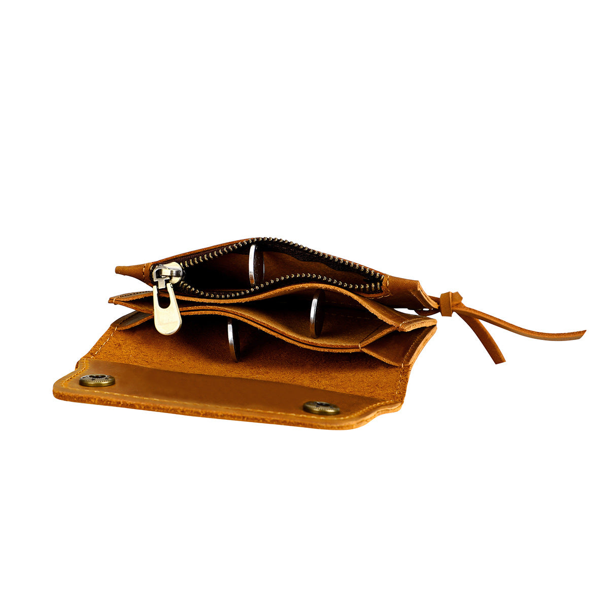 Khaki Vintage Handmade Crazy Horse Leather Wallet - Compact Card Holder & Zippered Coin Purse with Snap Closure