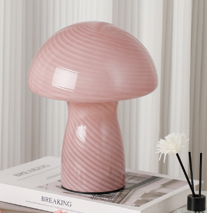 Stripe-Pure Leather Pink Retro Swirl Glass Mushroom Table Lamp - LED Bedside Night Light