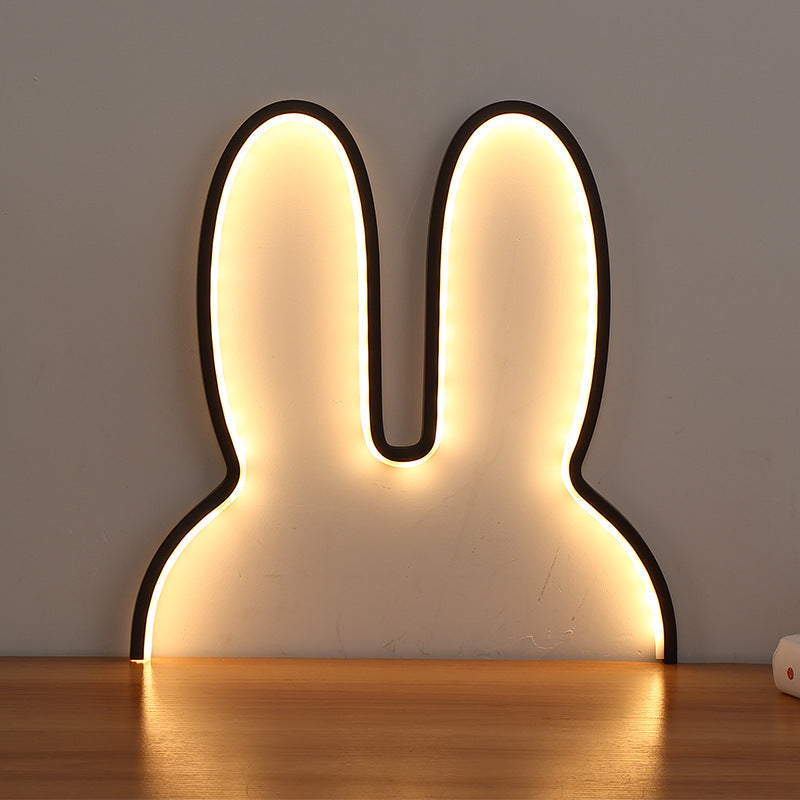 Black 29x30cm Adorable Bunny LED Wall Night Light - USB Powered Warm White Lamp for Kids Room Decor