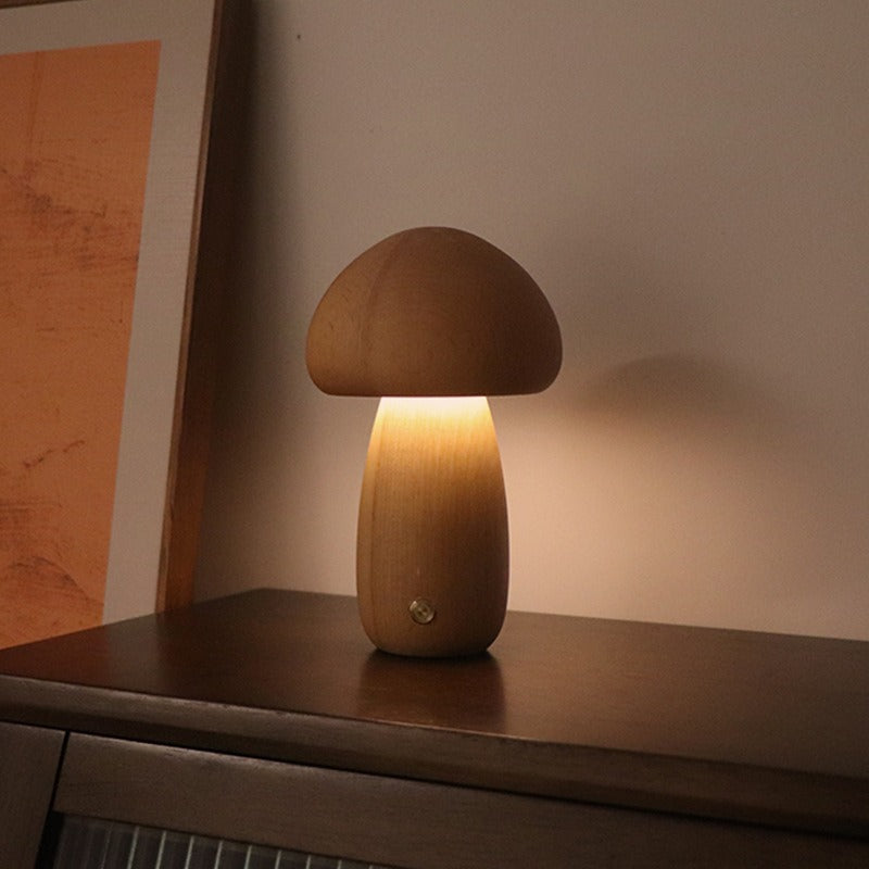 Dun-dun Model Brown Solid Wood Mushroom LED Table Lamp - Rechargeable Touch Control Bedside Night Light (Large)