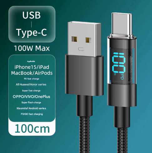 1 Meter USB To Type-C 4-Piece Set 1m 100W Super Fast Charge Transparent Aluminum Shell Digital Display Data Cable - USB Type-C Fast Charge Cable