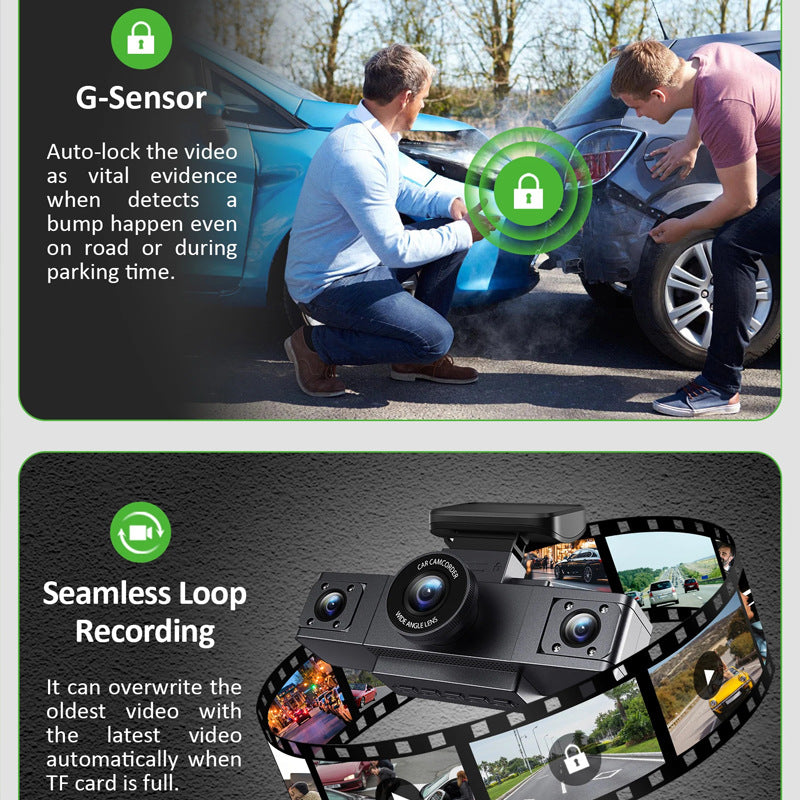 3-Inch HD 1080P Dash Cam - Front, Rear, and Left Recording, 19x12x8cm
