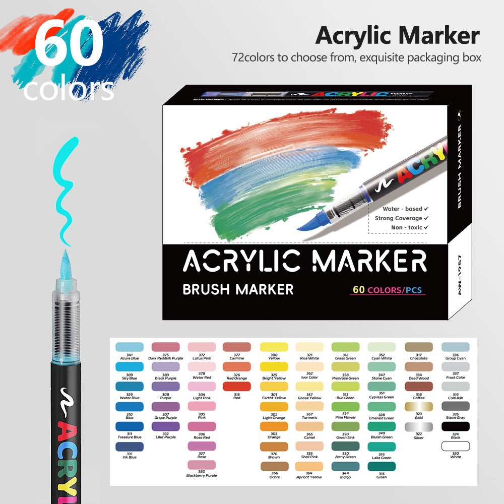 60 Colour Set Vibrant Cyan Acrylic Marker with Soft Brush Tip - 13.8 cm Professional Art Pen