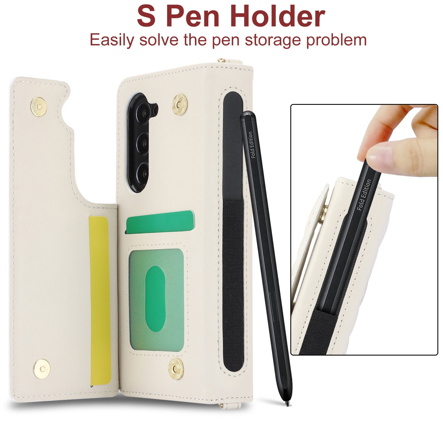 White Galaxy Z Fold4 Multi-Functional Leather Wallet Case for Samsung Z Fold Series - Crossbody with Pen Slot, Quilted Design Pen Not Included