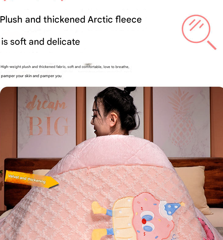 Coffee Thick Fleece Cartoon Cookie Pillow Blanket 2-in-1 for Winter Car and Office Use