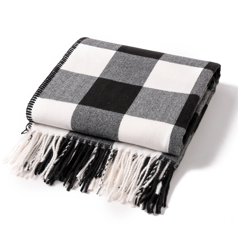 Classic Black White Checkered Faux Cashmere Blanket, 130 x 210 cm, 650g