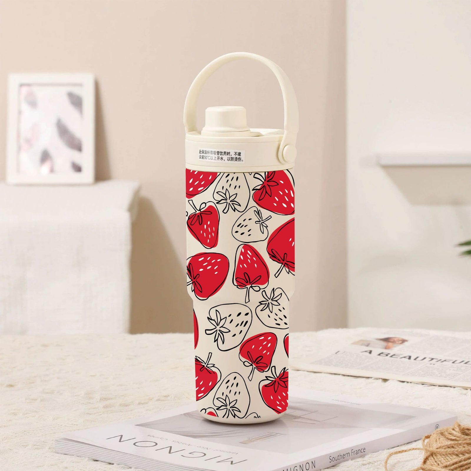 White-Line Red Strawberry 30oz Ceramic-Lined Insulated Tumbler with Handle, 735ml Stainless Steel Travel Mug