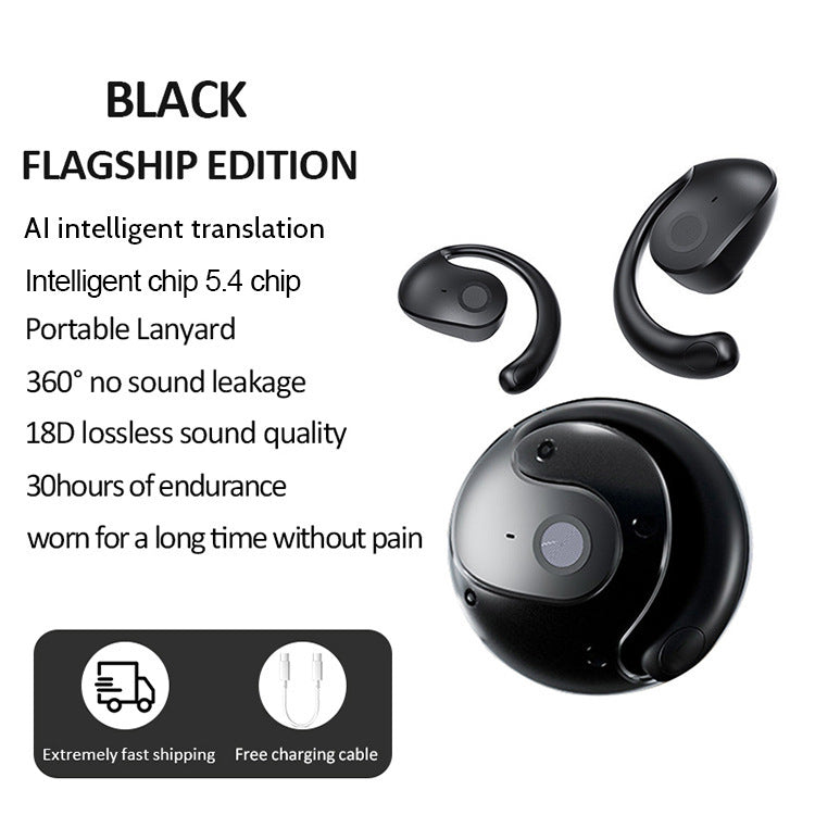 Black T2 AI Smart Translation Earbuds - Open-Ear OWS Bluetooth 5.4 Headphones with Simultaneous Interpretation & IPX4 Waterproof