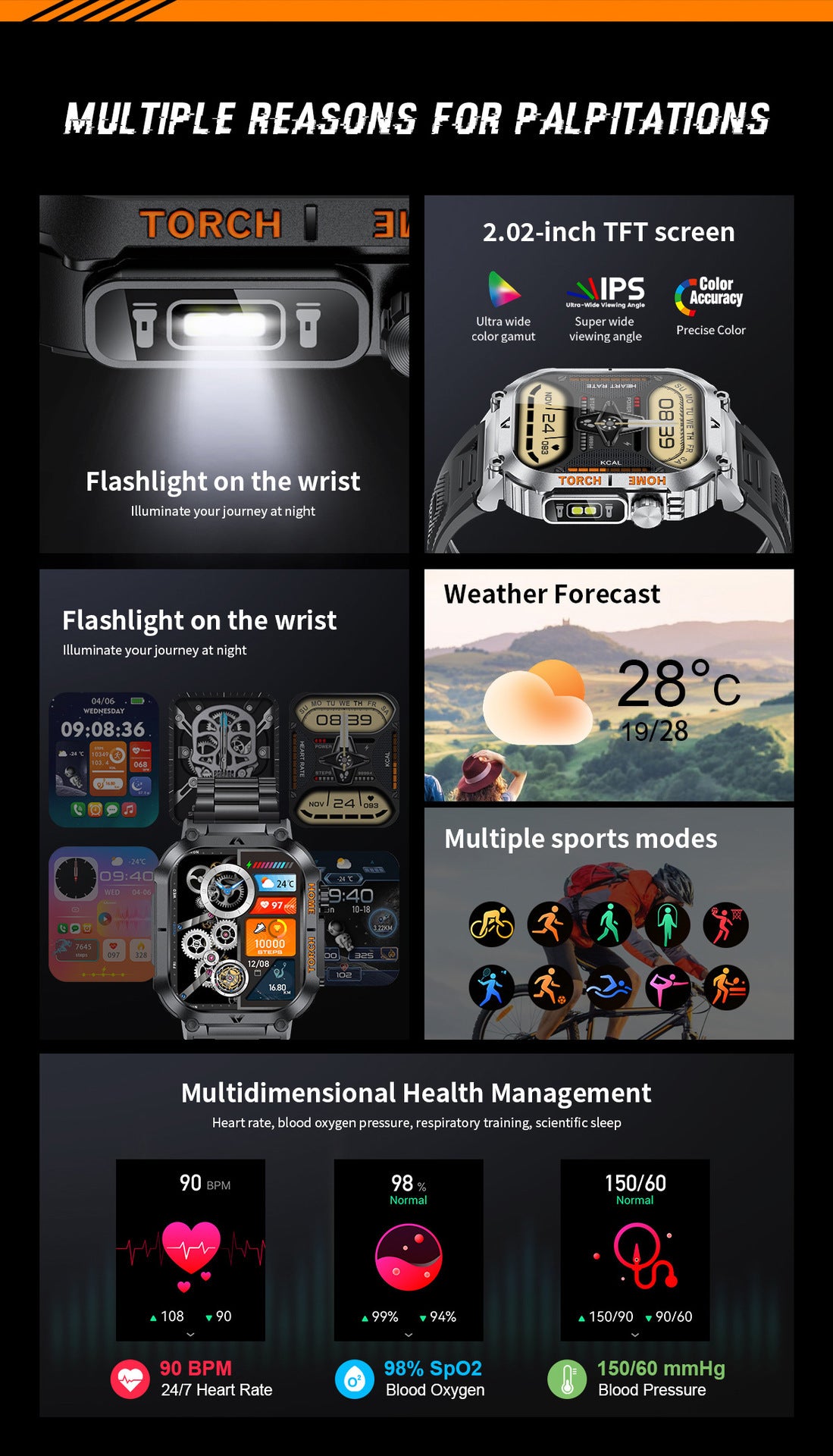 Smartwatch with Flashlight, Compass & Wireless Calling - Health & Fitness Tracker(Black case with black steel + black silicone)