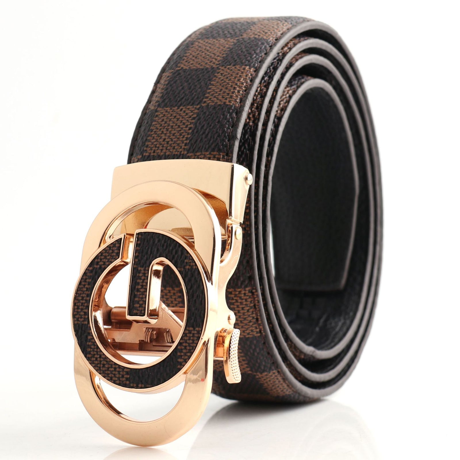 Luxury Designer Style PU Leather Belt,Automatic Buckle(G leather coffee ribbon + gold buckle)