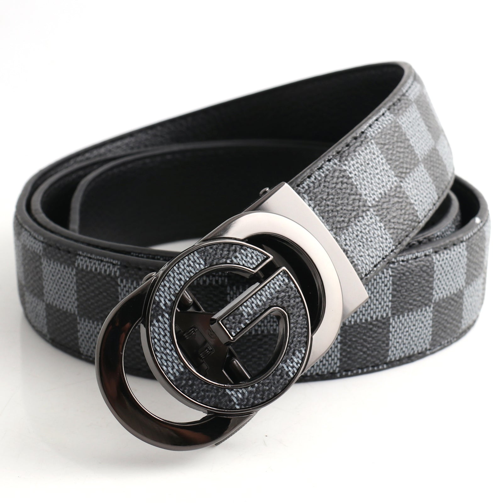 Luxury Designer Style PU Leather Belt,Automatic Buckle(G-patterned black-gray belt + gray buckle)