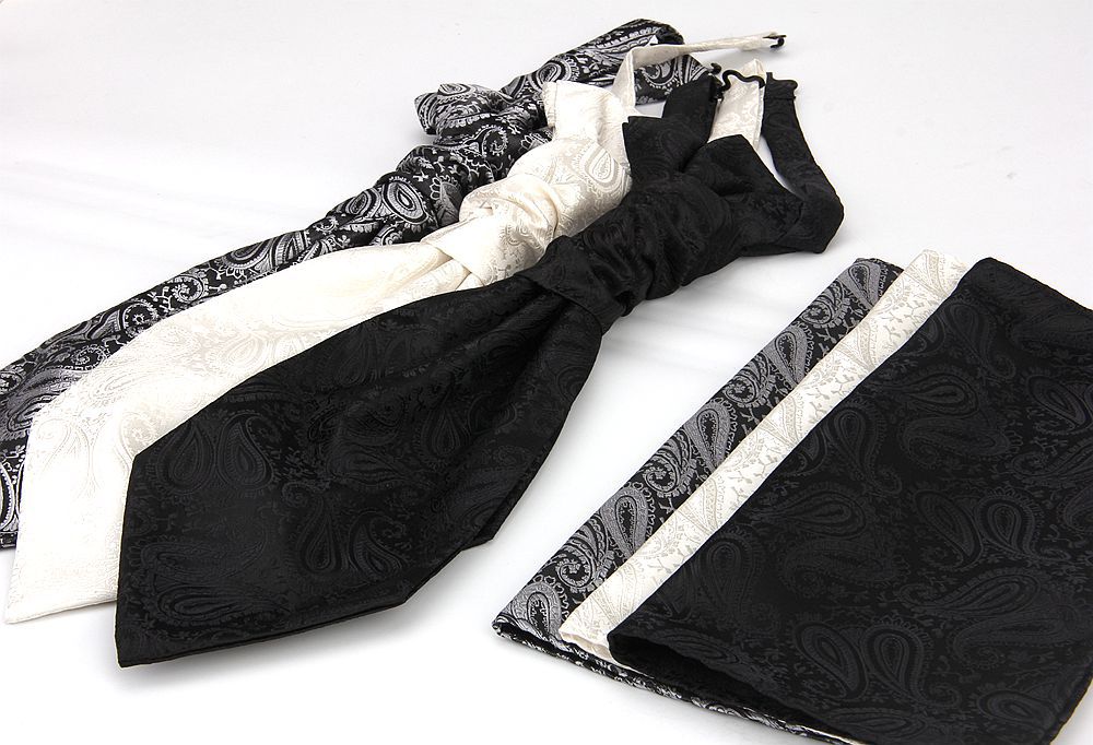 Men's Formal Paisley Ascot Cravat & Pocket Square Set - Adjustable Necktie for Weddings(Black)