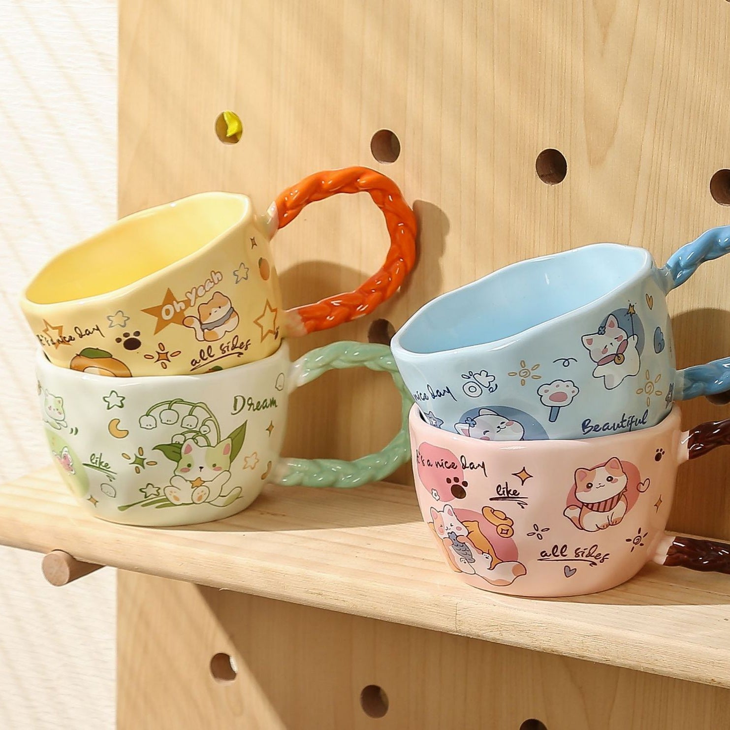 Whimsical Cat & Friends Ceramic Mug - 320ml with Unique Twisted Handle (Blue)