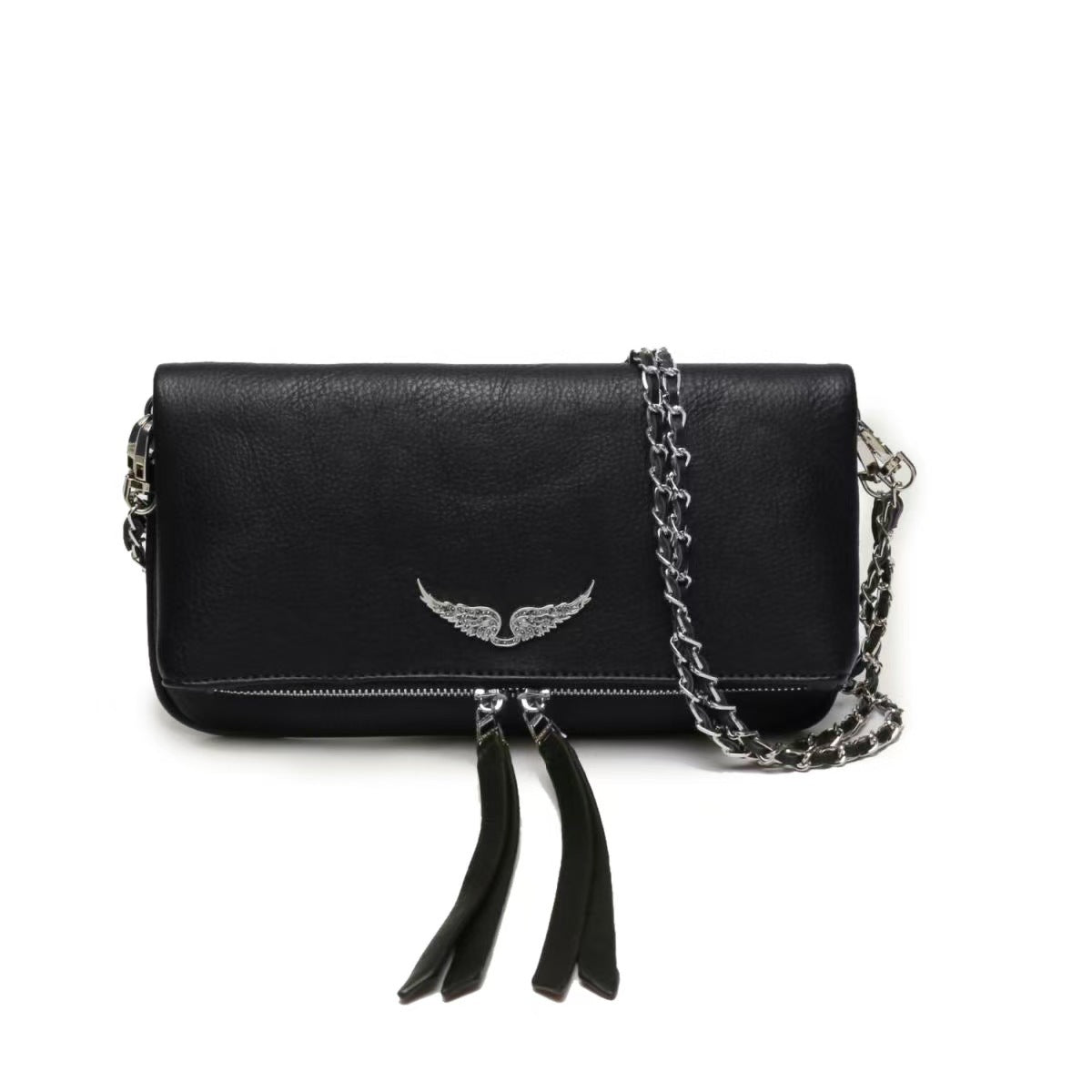 Chic Quilted Leather Crossbody Bag with Chain Strap & Tassel Detail(Pure black)
