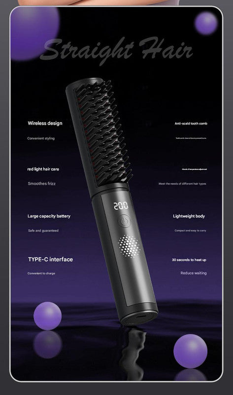 Cordless Hair Straightener Comb - 4 Temperature Settings, USB-C, PTC Heating(pink)