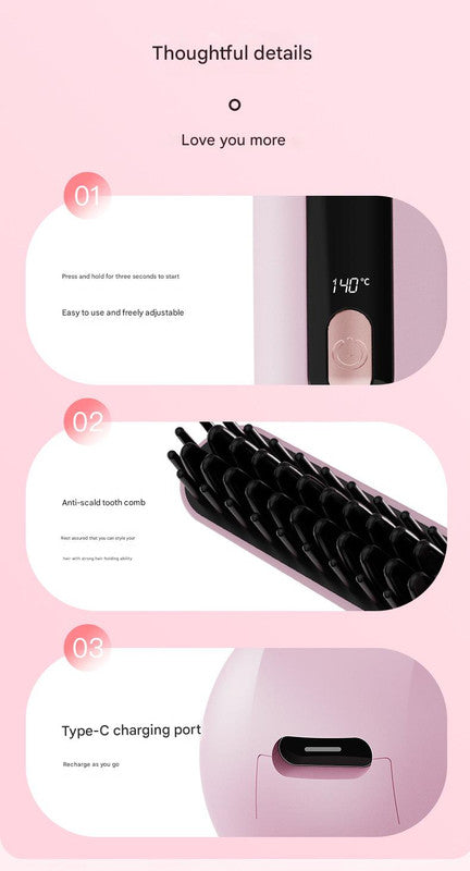 Cordless Hair Straightener Brush - 4000mAh USB-C Rechargeable, 4 Temps, Anti-Scald 3D Comb Design(Pink)