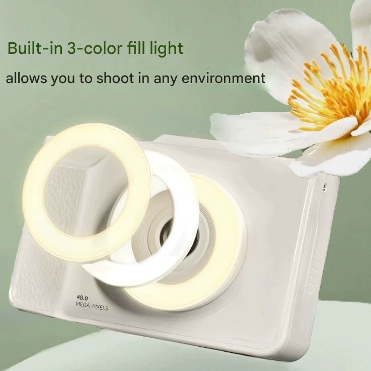 48MP Student Digital Camera with 180 Flip Screen & 3-Setting Fill Light(White)