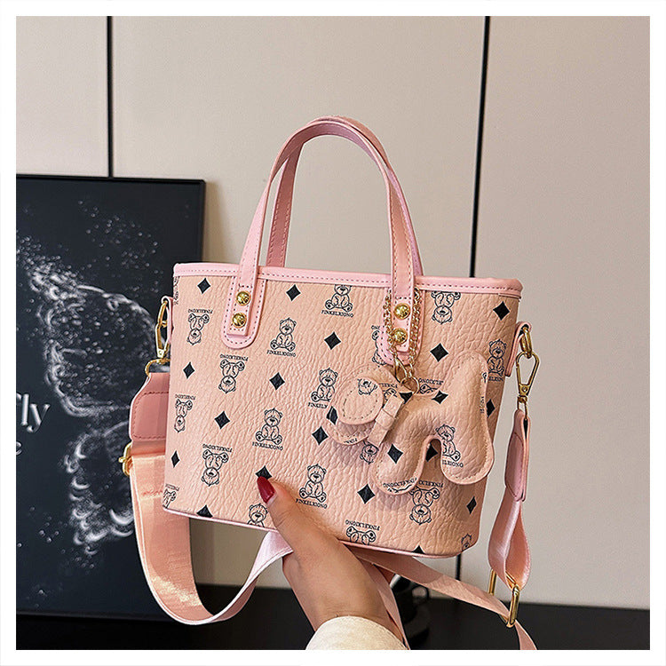 Chic Print Tote Bag with Bear Charm - Versatile Handbag & Crossbody(Beige)