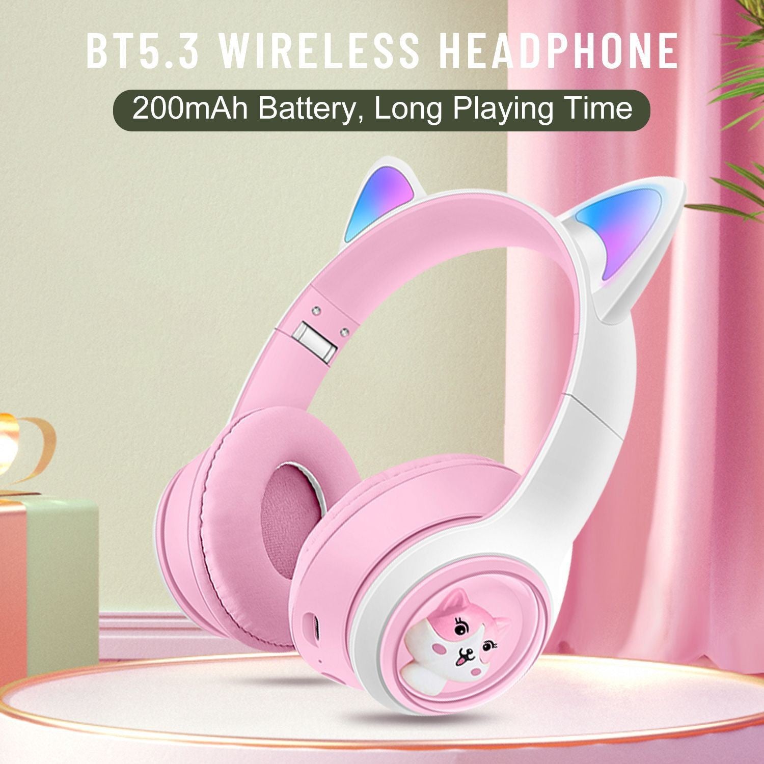 Cute Cat Ear Wireless Headphones - BT5.3, LED Lights, TF Card Slot, Soft Protein Padding(Blue)